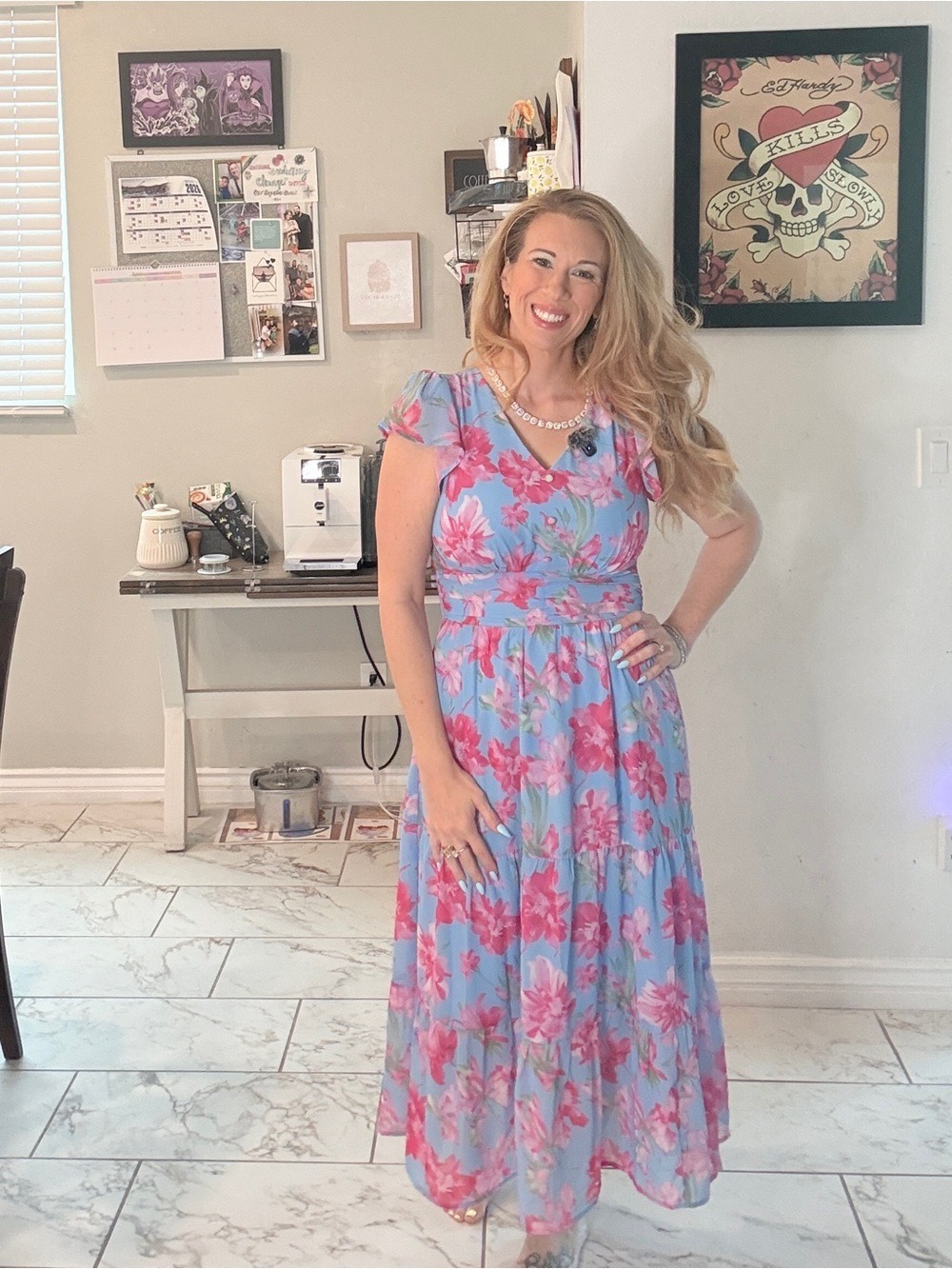 GRACE KARIN Light Blue Floral Ruffle Sleeve Maxi Dress Small - Picture 5 of 5